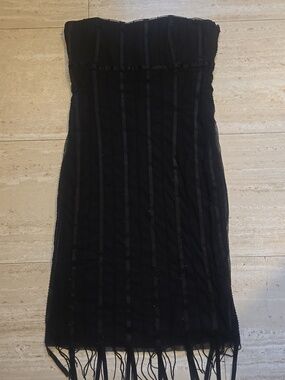 Heidi Weisel New York Black Overlay Beaded Ribbon Accent Midi Strapless Dress